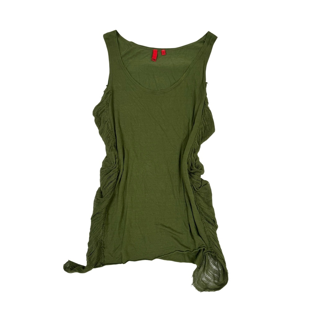 5I48‎ Olive Green Rayon Tank Top Shredded Side Panels Asymmetric Hem Small